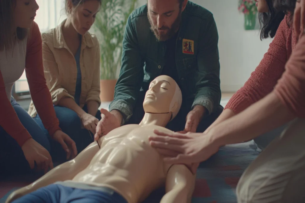 Uygulamalı temel ilk yardım eğitimi sırasında kalp masajı yapan kursiyer